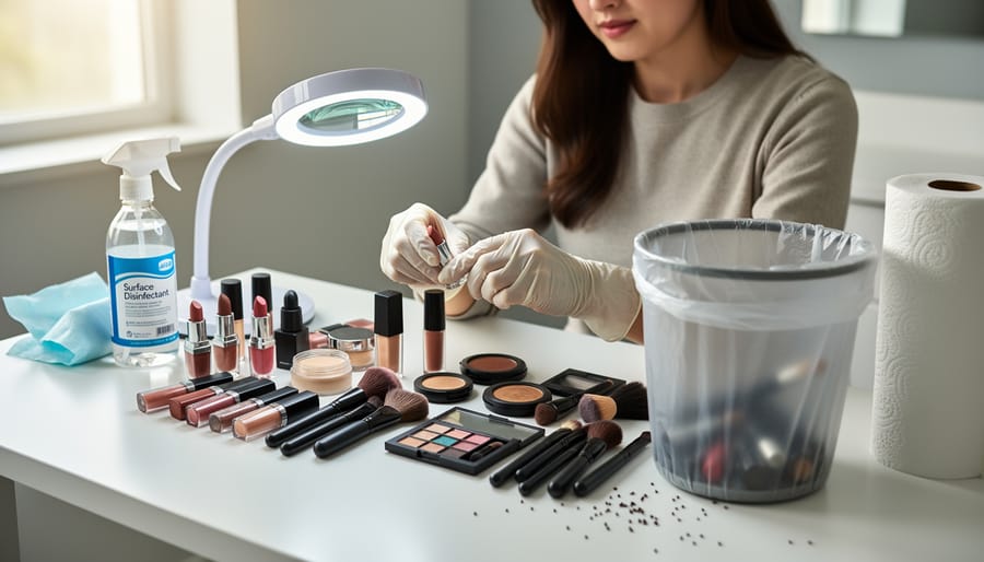 Gloved hands inspecting makeup products with cleaning supplies on clean surface