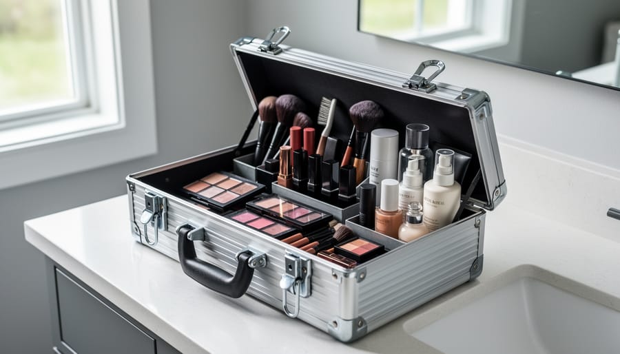 Metal toolbox repurposed as makeup storage with organized cosmetics inside