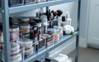 Organized makeup sealed in clear plastic containers, glass jars, and metal tins on elevated metal shelving with peppermint-scented cotton balls nearby, softly lit interior with blurred baseboard and closed cabinet in background.