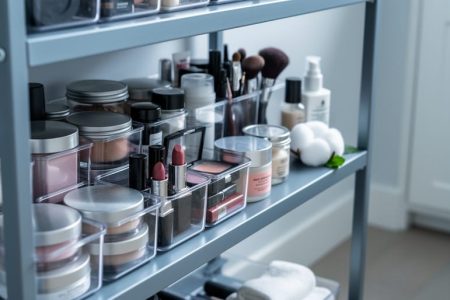 Organized makeup sealed in clear plastic containers, glass jars, and metal tins on elevated metal shelving with peppermint-scented cotton balls nearby, softly lit interior with blurred baseboard and closed cabinet in background.