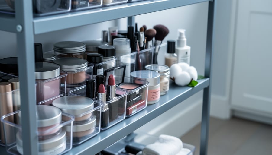 Organized makeup sealed in clear plastic containers, glass jars, and metal tins on elevated metal shelving with peppermint-scented cotton balls nearby, softly lit interior with blurred baseboard and closed cabinet in background.