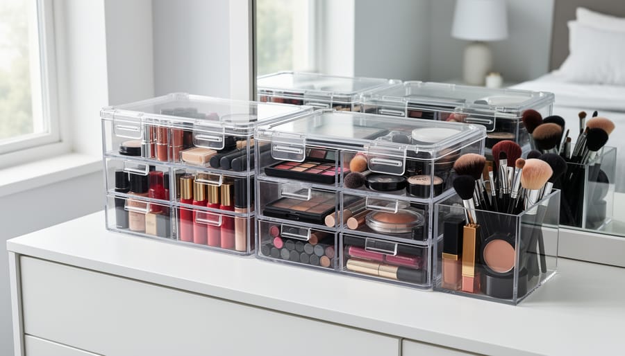 Clear acrylic makeup storage container with secure lid containing organized cosmetics on vanity